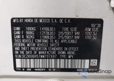 2021 Honda Hr-V Awd Ex z USA, uszkodzony, nr VIN 3CZRU6H57MM707687